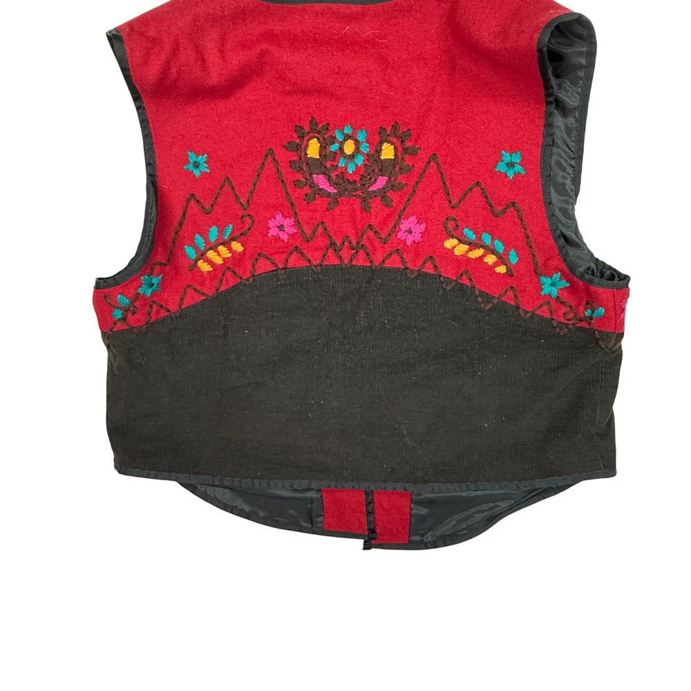 Russ Sport Company Vintage Red Wool Black Corduroy Embroidered Floral Vest Small - Picture 2 of 9